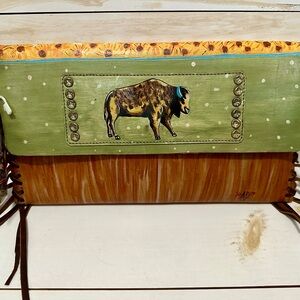Hand painted leather buffalo clutch